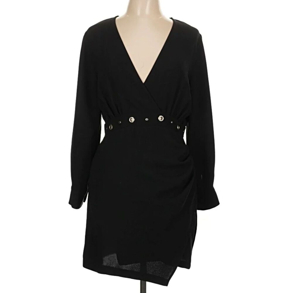 NWT Zara Black Long Sleeve V-Neck Faux Wrap Mini Dress w/ Keyhole Back Sz L